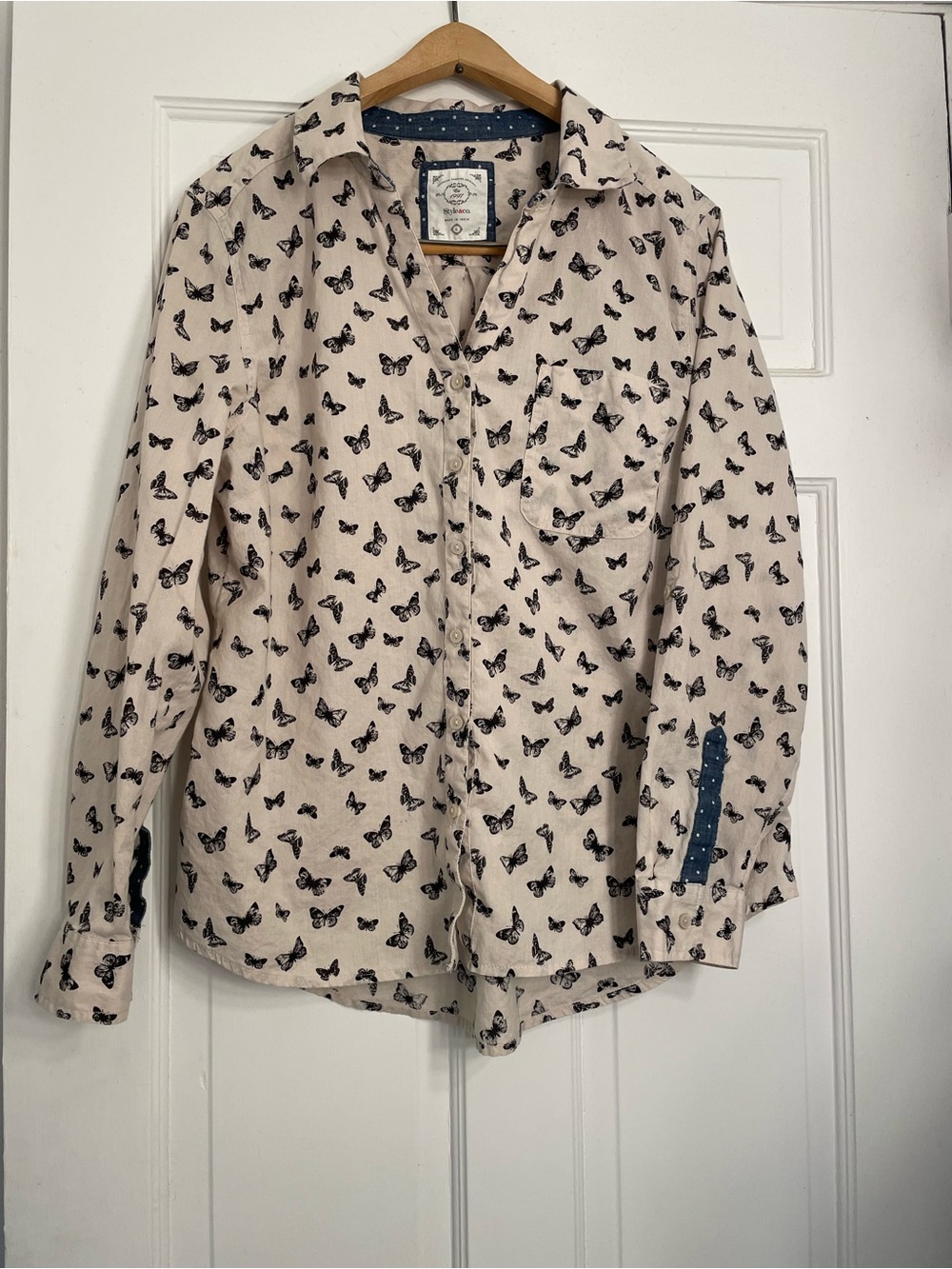 Style & Co. Beige Button-Down Shirt with Blue Butterfly Print